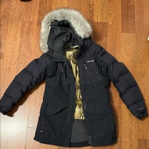 Columbia Black Jacket with Fur Hood and Gold Lining